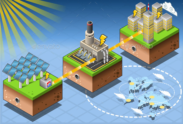 Isometric Infographic Energy Harvesting Diagram - Buildings Objects