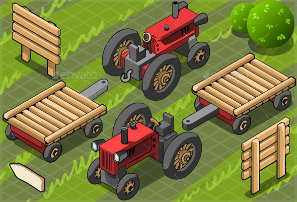 Isometric Red Farm Tractor in Two Positions - Nature Conceptual