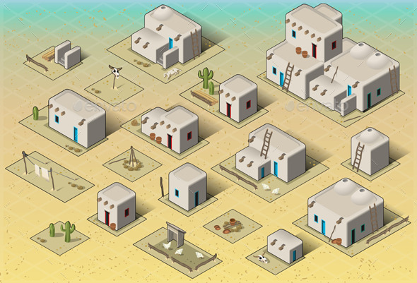 Isometric Western Rural Pueblo Basic Set Tiles - Buildings Objects