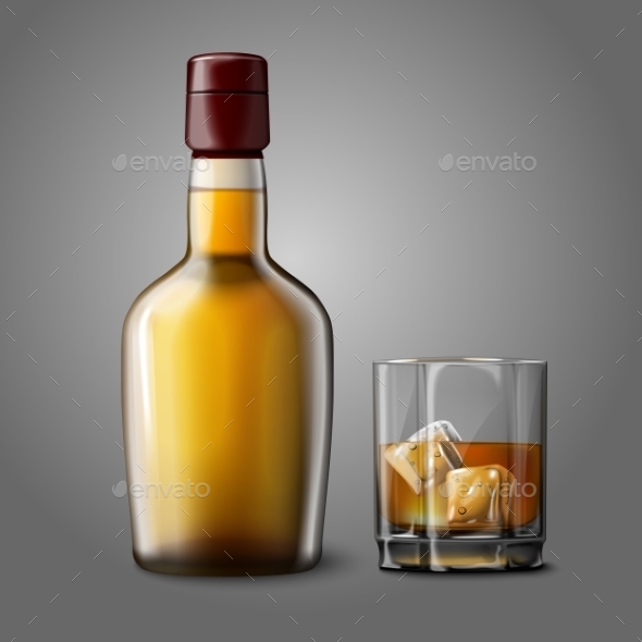 Blank Bottle with Glass of Whiskey - Man-made Objects Objects