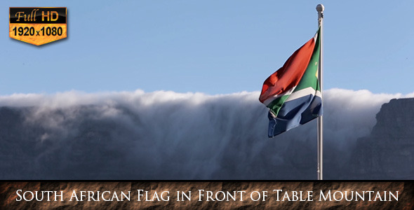 South African Flag  in Front of Table Mountain