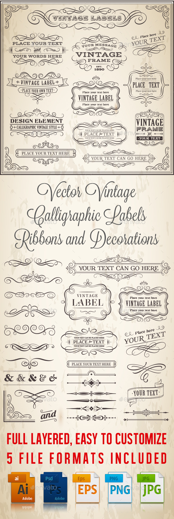 Calligraphic Labels and Banners - Flourishes / Swirls Decorative