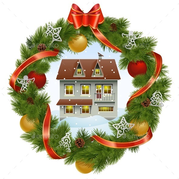 Christmas Wreath with House - Christmas Seasons/Holidays