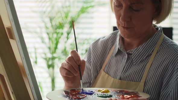 Video of concentration senior female artist painting at easel. Shot with RED helium camera in 8K. alt