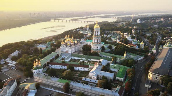 Kyiv, Ukraine: Aerial View of Kyiv-Pechersk Lavra in the Morning at Sunrise. alt