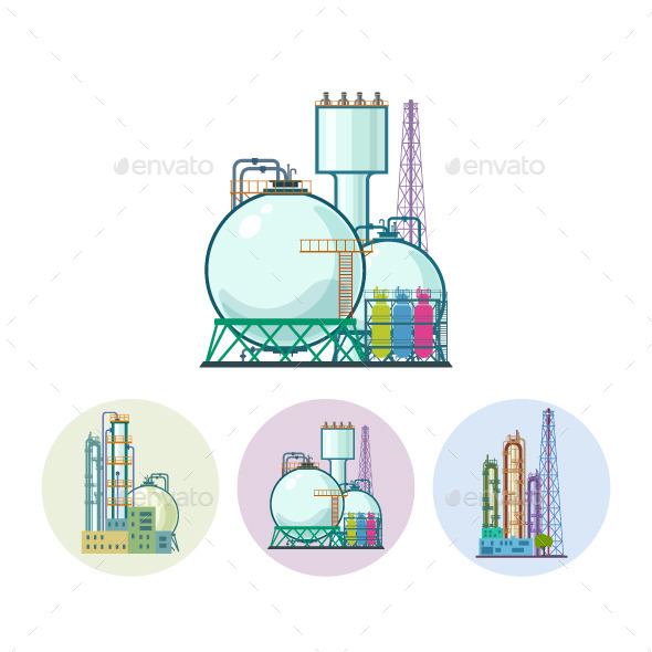 Chemical Plant Refinery Processing Icons - Buildings Objects