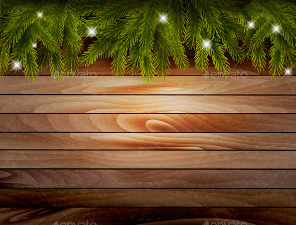 Christmas Wooden Background with Branches - Christmas Seasons/Holidays