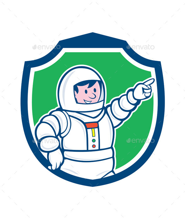 Astronaut Pointing Front Shield Cartoon - People Characters