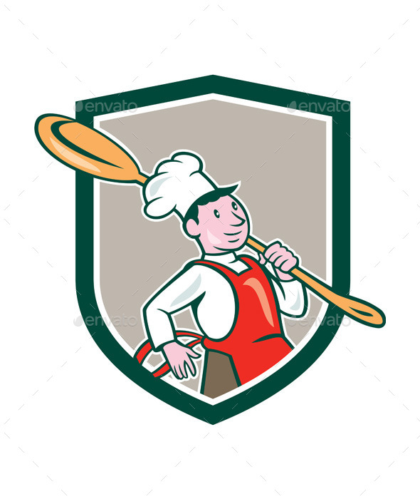 Chef Cook Marching Spoon Shield Cartoon - People Characters
