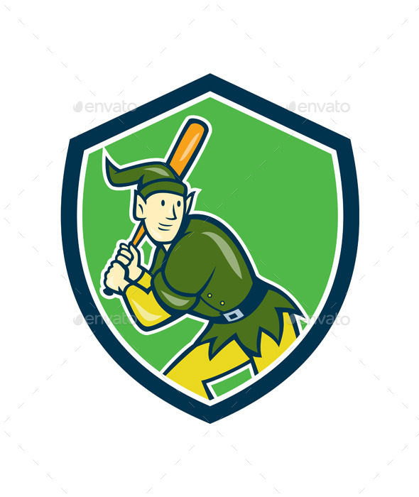 Elf Baseball Player Batting Shield Cartoon - Sports/Activity Conceptual
