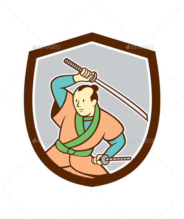 Samurai Warrior Katana Sword Shield Cartoon - People Characters