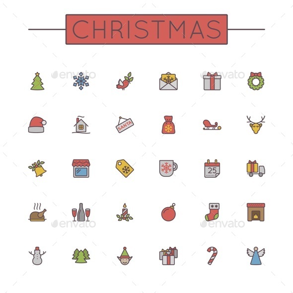 Vector Colored Christmas Line Icons - Seasonal Icons