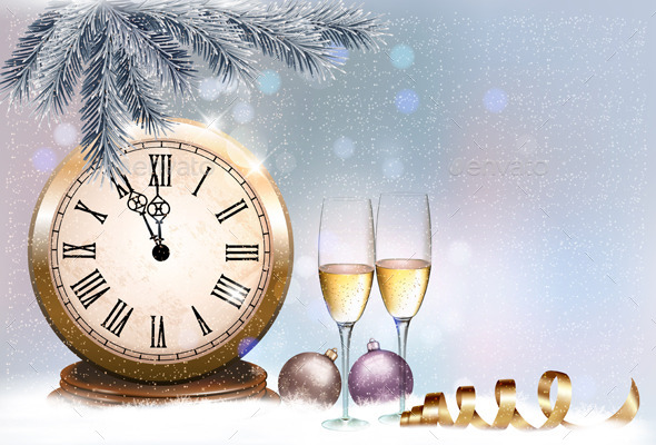 Holiday Retro Background with Champagne Glasses - New Year Seasons/Holidays
