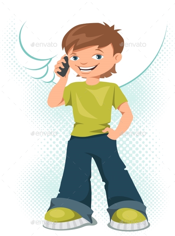 Young Teen Boy Talking on His Mobile Phone - People Characters
