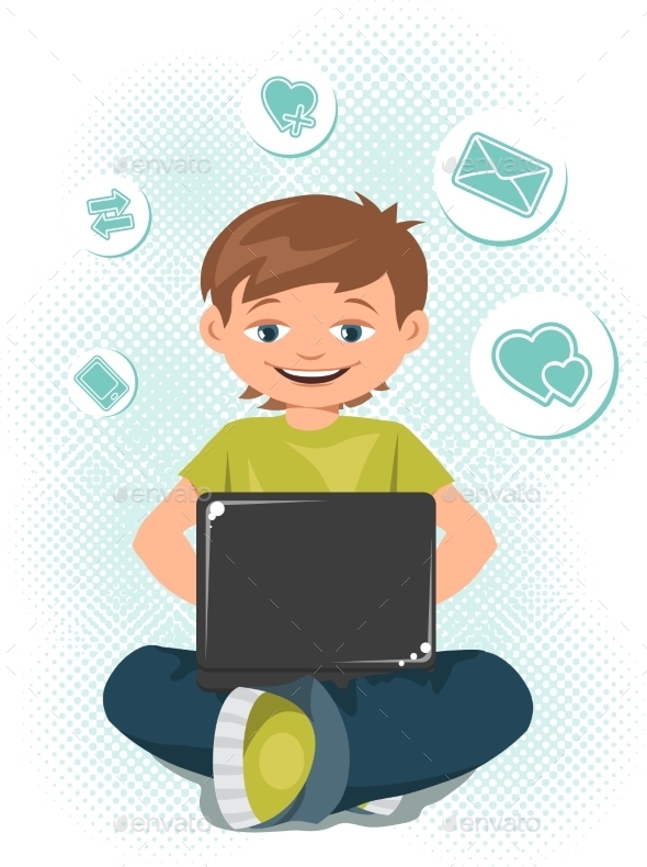 Young Teen Boy Working on a Laptop - People Characters