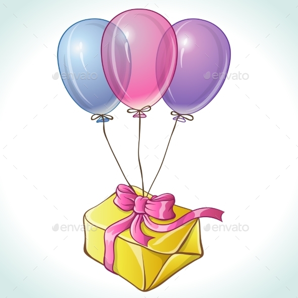 Happy Birthday Card with Balloons and Gift - Birthdays Seasons/Holidays