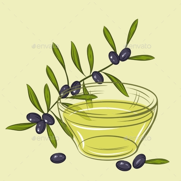 Illustration with Black Olives and Cup of Oil - Food Objects
