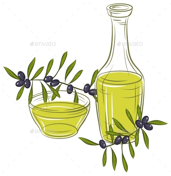 Illustration with Black Olives and Bottle of Oil - Food Objects