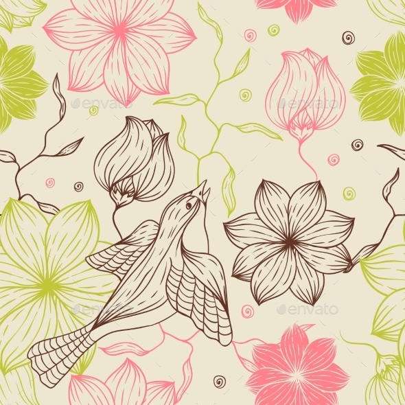 Seamless Texture of Abstract Flowers and Bird - Patterns Decorative