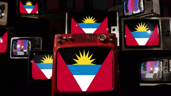 Flag of Antigua and Barbuda on Retro TVs. 4K.