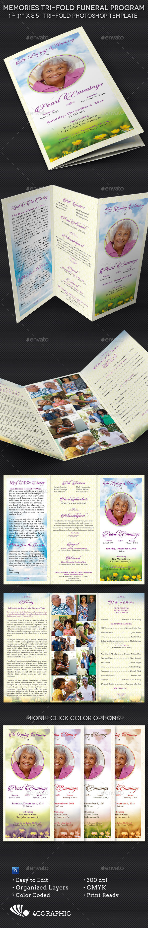Memories Tri-fold Funeral Program Template - Informational Brochures