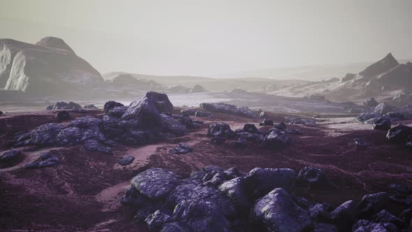 Foggy Mountain Landscape with Snow Cornice Over Abyss Inside Cloud alt