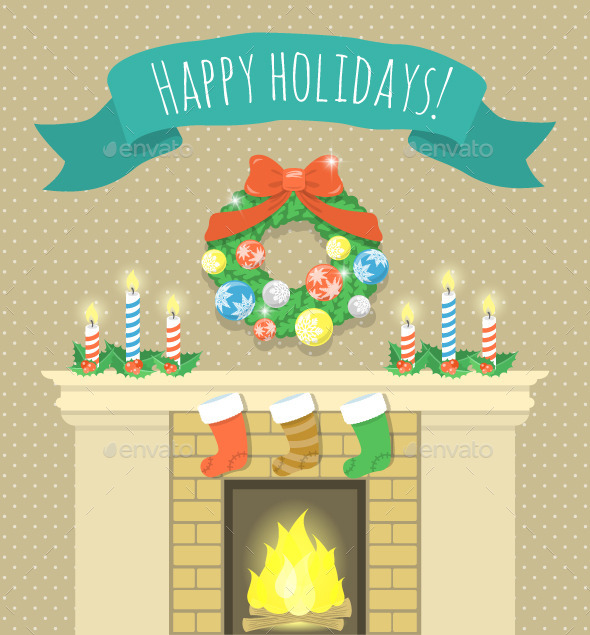 Christmas Fireplace Illustration with Ribbon - Christmas Seasons/Holidays