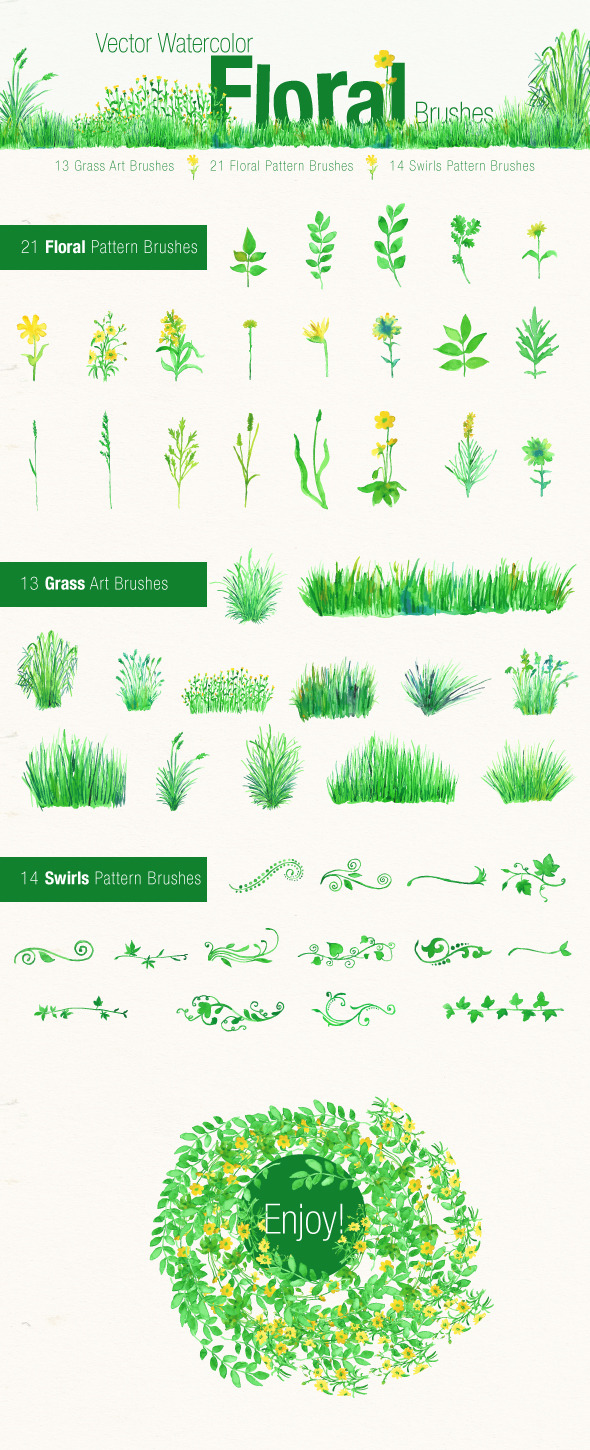 Vector Watercolor Floral Brushes - Flourishes Brushes