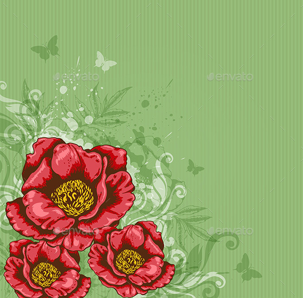 Green Background with Red Flowers - Flowers & Plants Nature