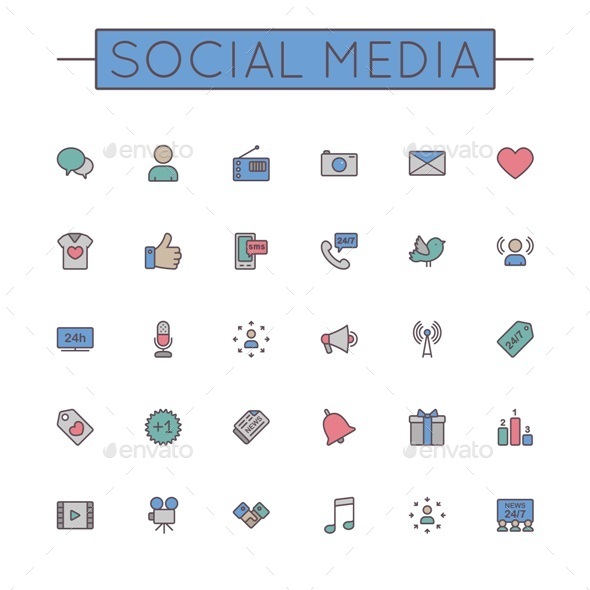 Vector Colored Social Media Line Icons - Media Icons