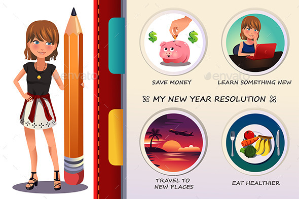 Woman Writing About Her New Year Resolution - Conceptual Vectors