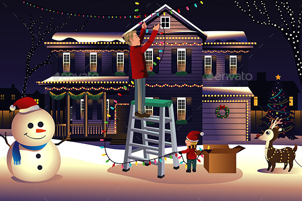 Father and Son Putting Lights on the House - Christmas Seasons/Holidays
