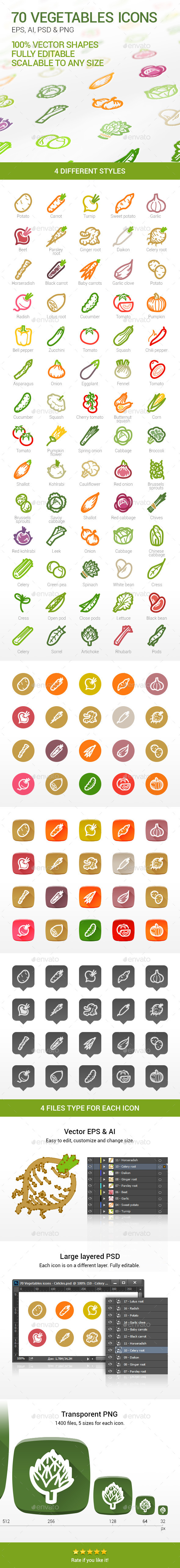 70 Vegetables Icons - Food Objects