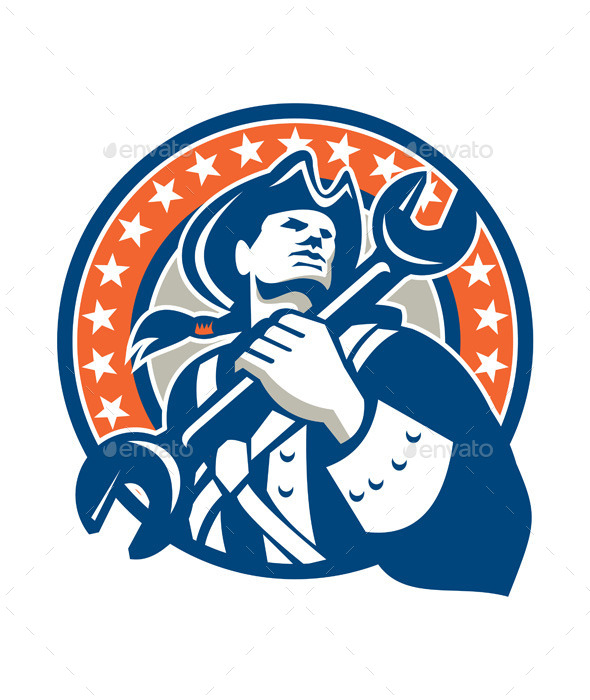 Mechanic American Patriot Holding Spanner Retro - People Characters