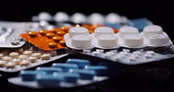 Various Medical Pills Drugs Black Background Pharmaceutical Industry alt