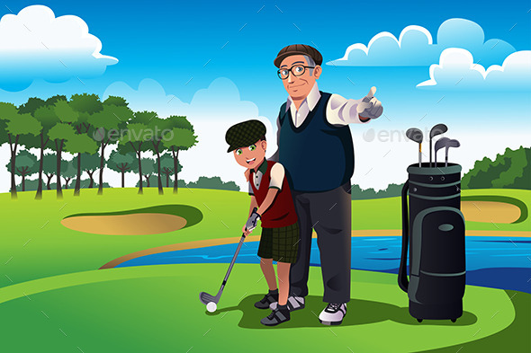 Grandfather Teaching his Grandson Playing Golf - Sports/Activity Conceptual