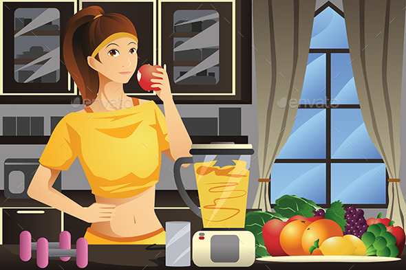 Healthy Woman Making Fruit Juice - People Characters