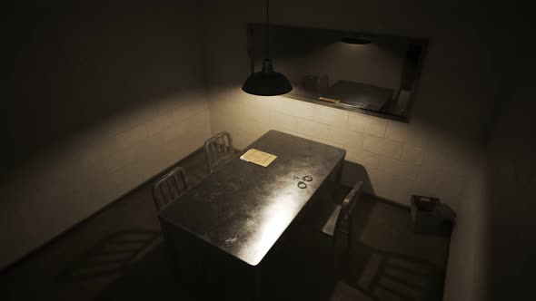 Dark, empty interrogation room seen through the one-way mirror. Investigation