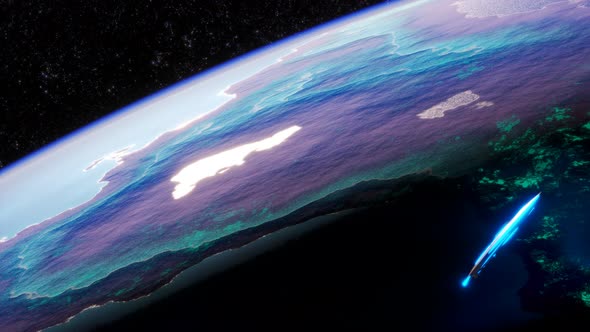 Extraterrestrial flying saucer landing on a colourful alien planet. 4KHD alt