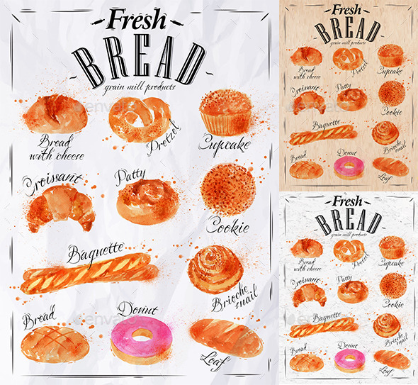 Bakery Products Painted Watercolor Poster - Food Objects
