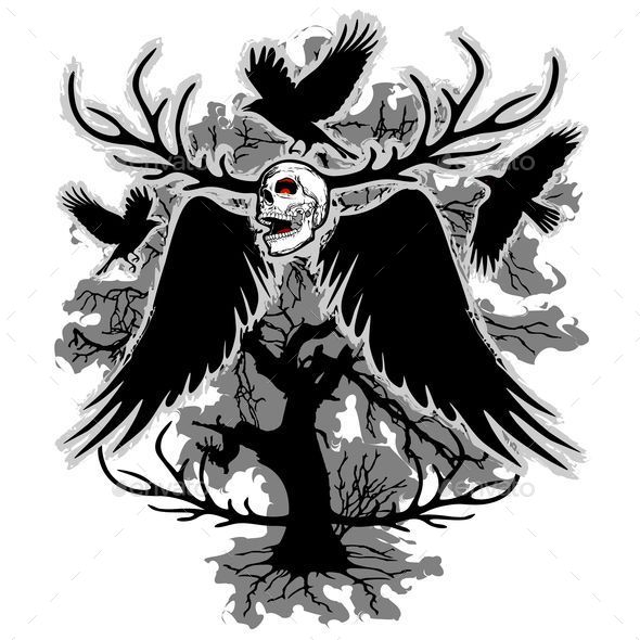 Nightmare Skull and Crows - Tattoos Vectors