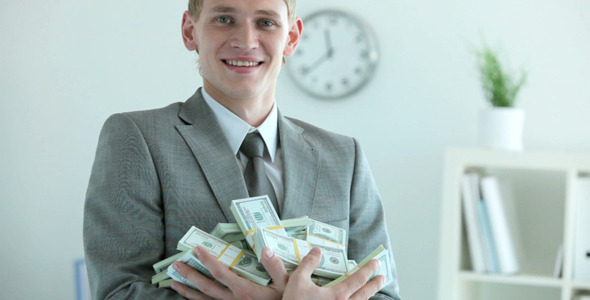 Businessman Holding Dollar Bills alt