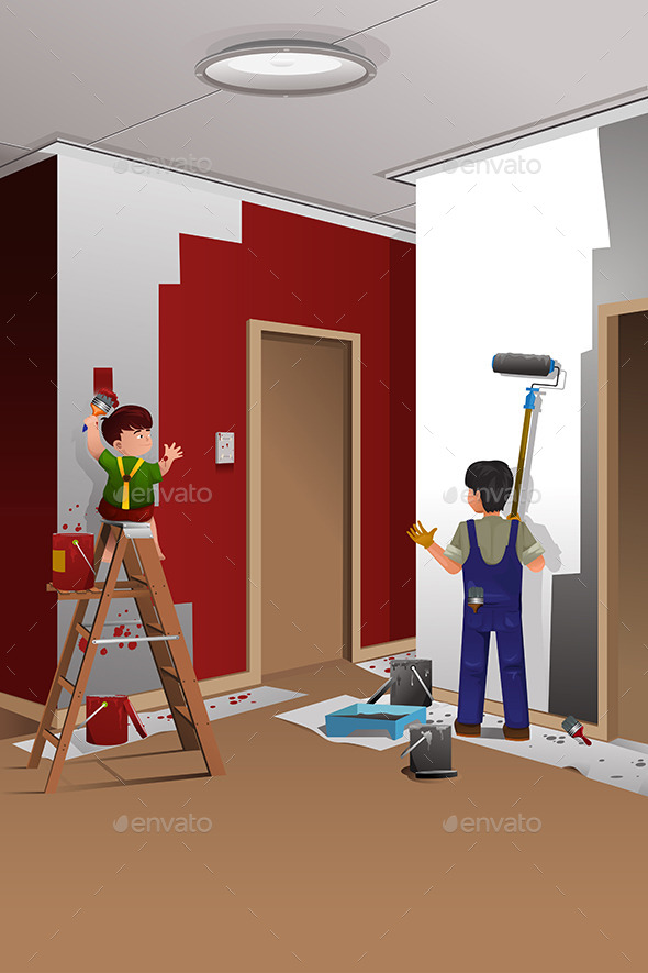 Father and Son Painting a Wall - People Characters