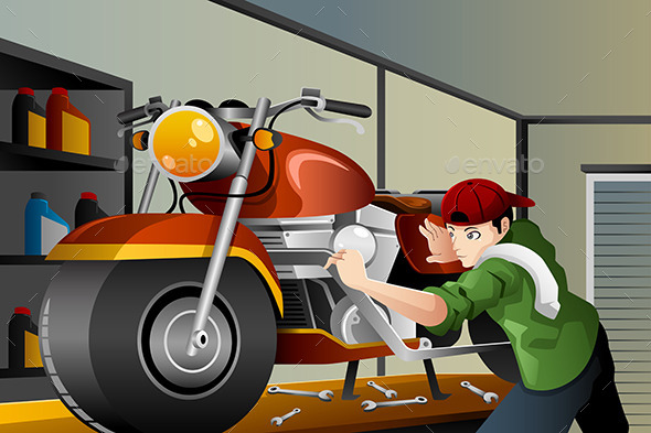 Man Fixing a Motorcycle - People Characters