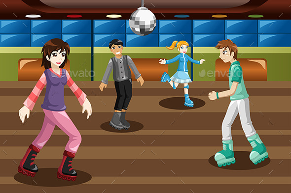 Teenagers Roller Skating in an Indoor Arena - Sports/Activity Conceptual