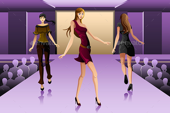 Supermodels Walking on a Runway Show - People Characters