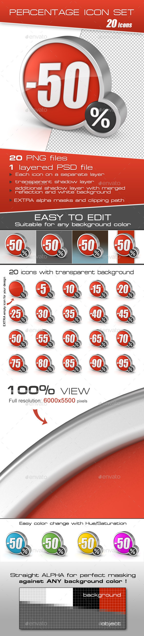 20 Percentage Icons Set - Text 3D Renders