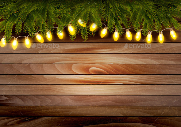 Christmas Wooden Background with Branches - Christmas Seasons/Holidays