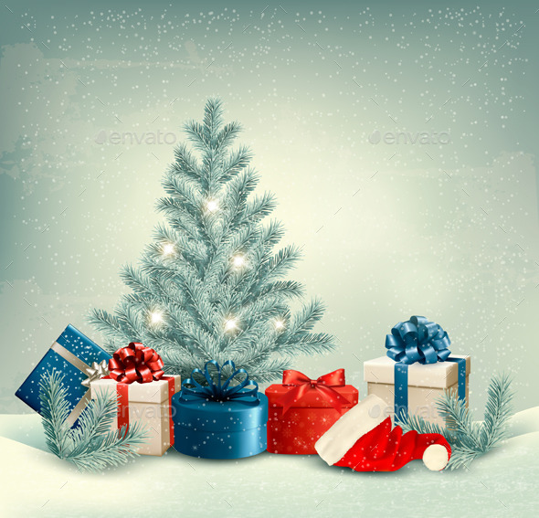 Winter Background of Christmas Tree with Presents - Christmas Seasons/Holidays