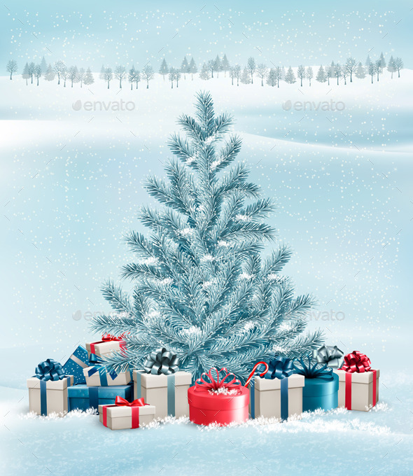 Winter Landscape with a Tree and Gift Boxes - Christmas Seasons/Holidays